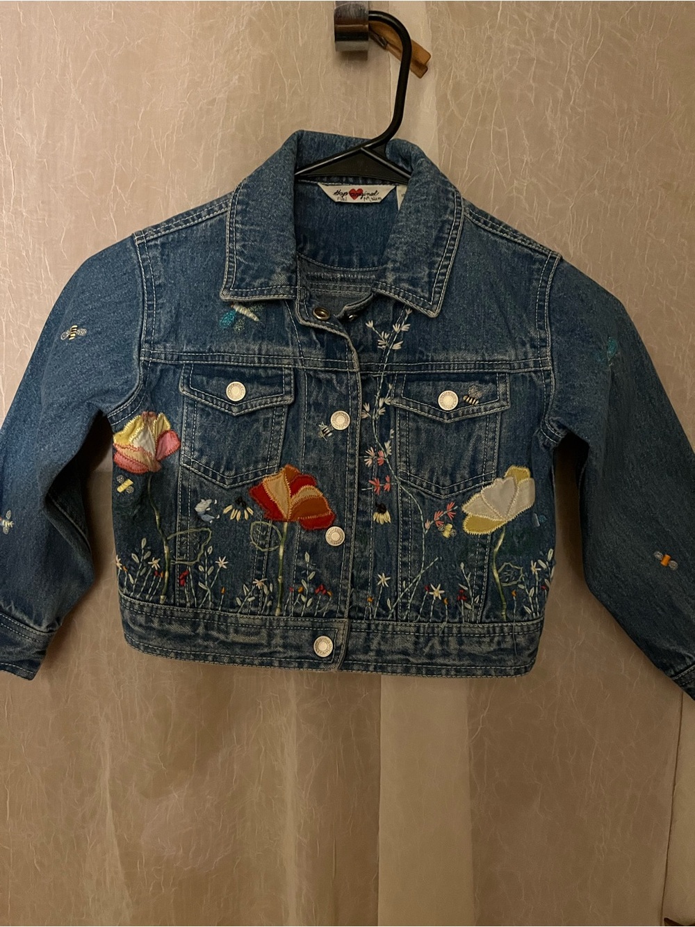 GAP Blue Denim Jacket with Multicolor Floral Embroidery, kids, small is 4/5